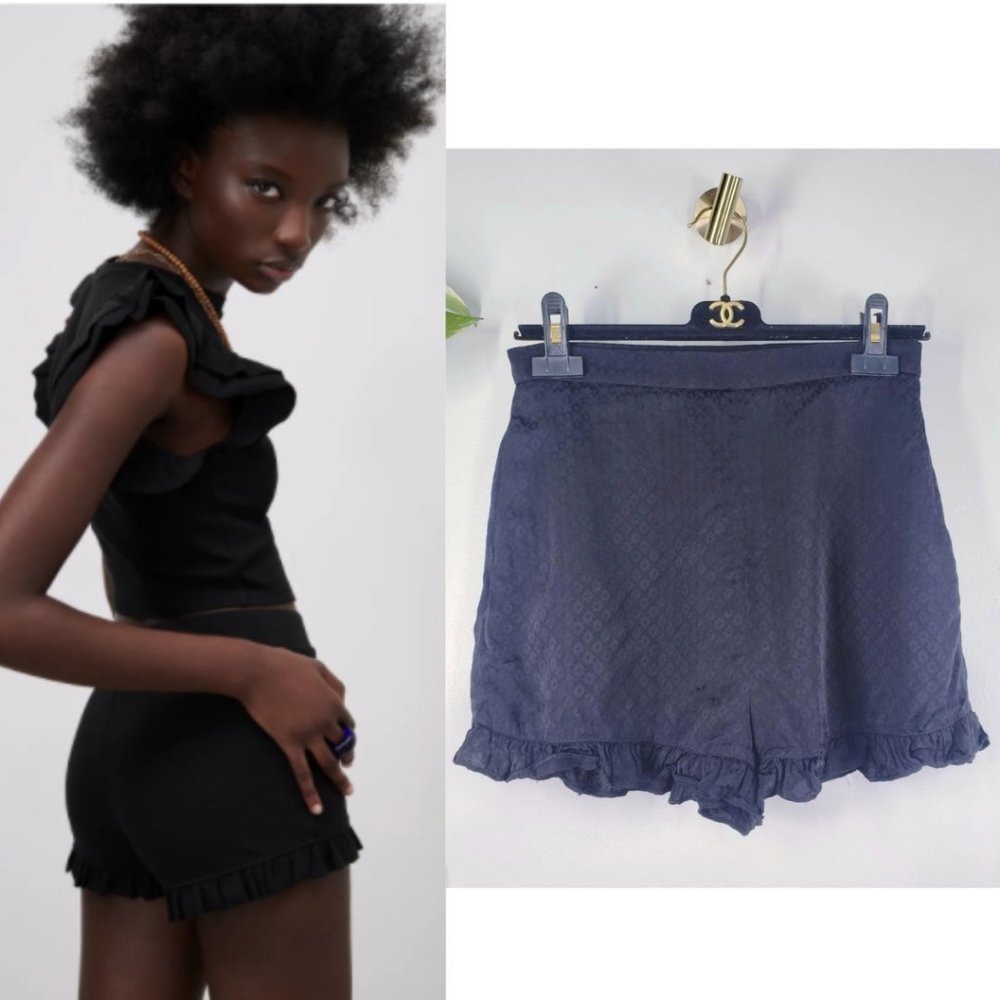 Ruffle Hem Shorts Womens Medium Black Zara Jacquard Birdseye Coquette Y2k 29w